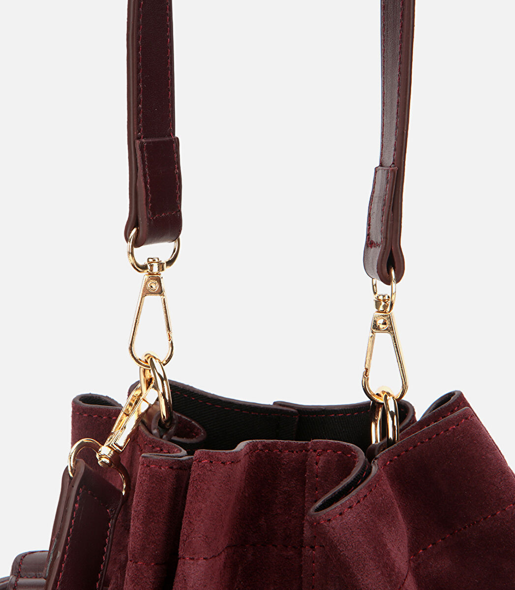 Kadın Süet Deri Bordo Bucket Omuz Çantası