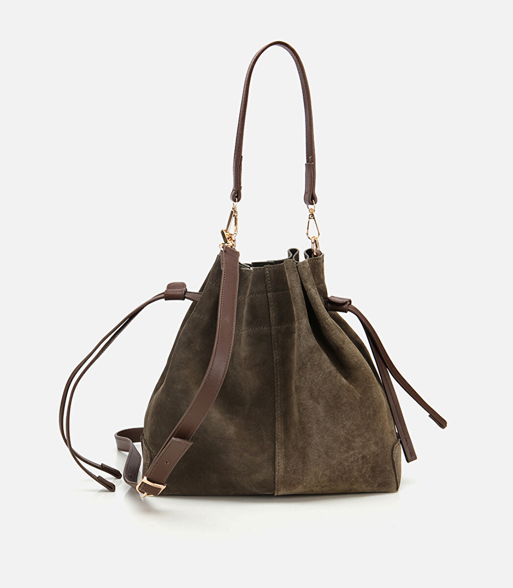 Kadın Süet Deri Haki Bucket Omuz Çantası