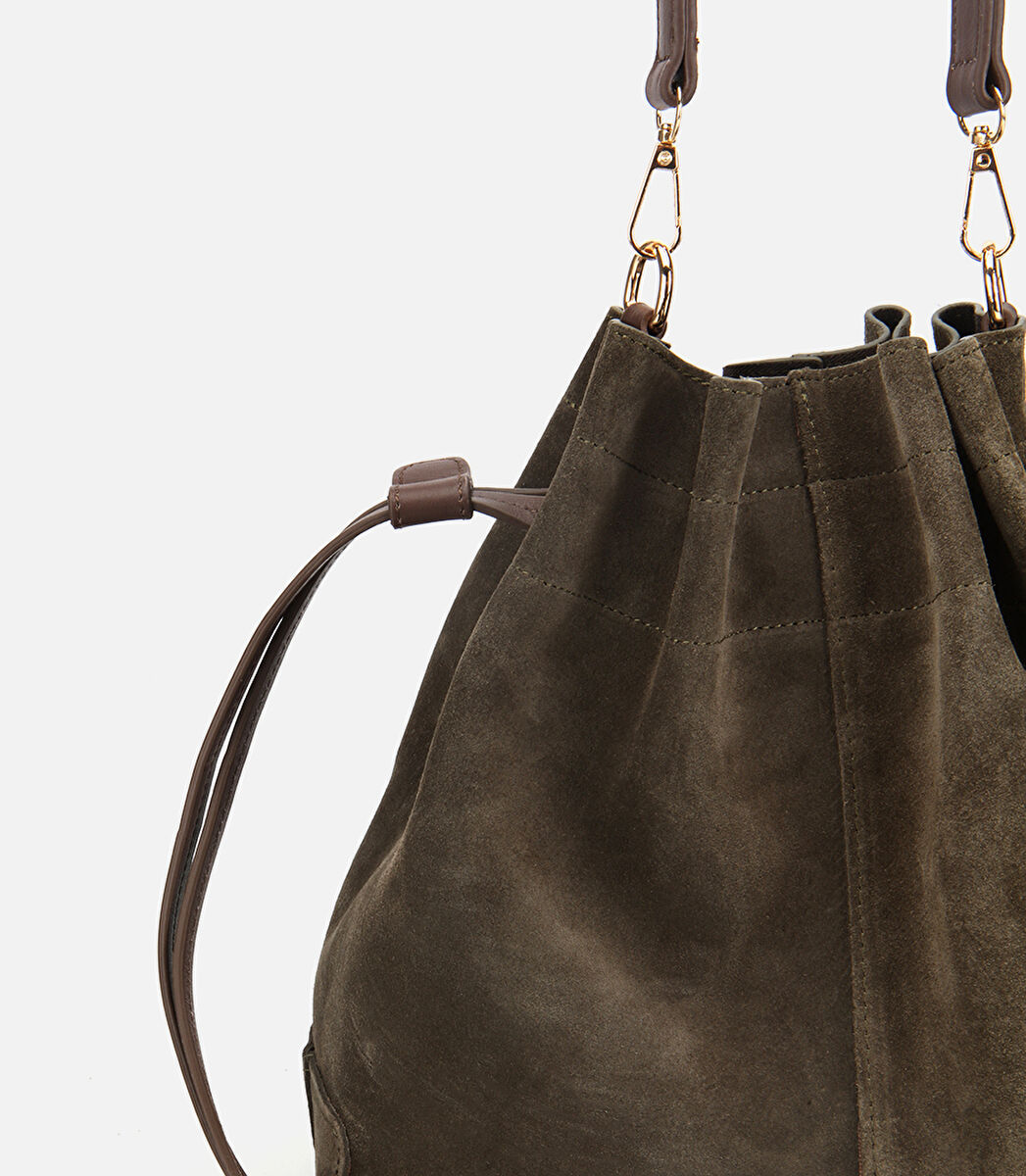 Kadın Süet Deri Haki Bucket Omuz Çantası