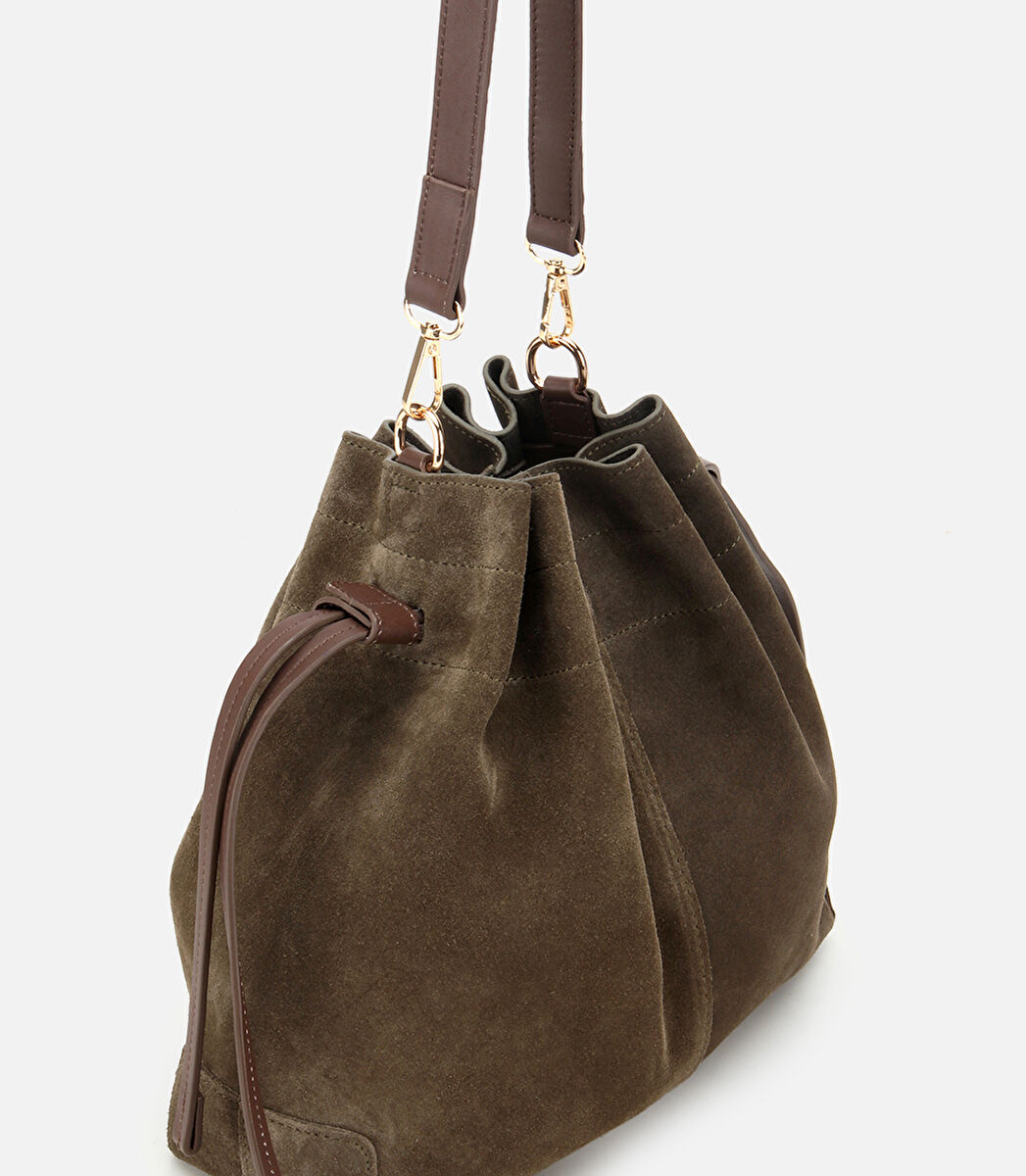 Kadın Süet Deri Haki Bucket Omuz Çantası
