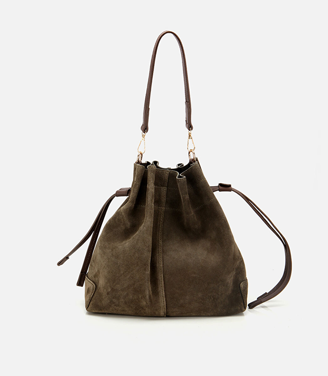 Kadın Süet Deri Haki Bucket Omuz Çantası