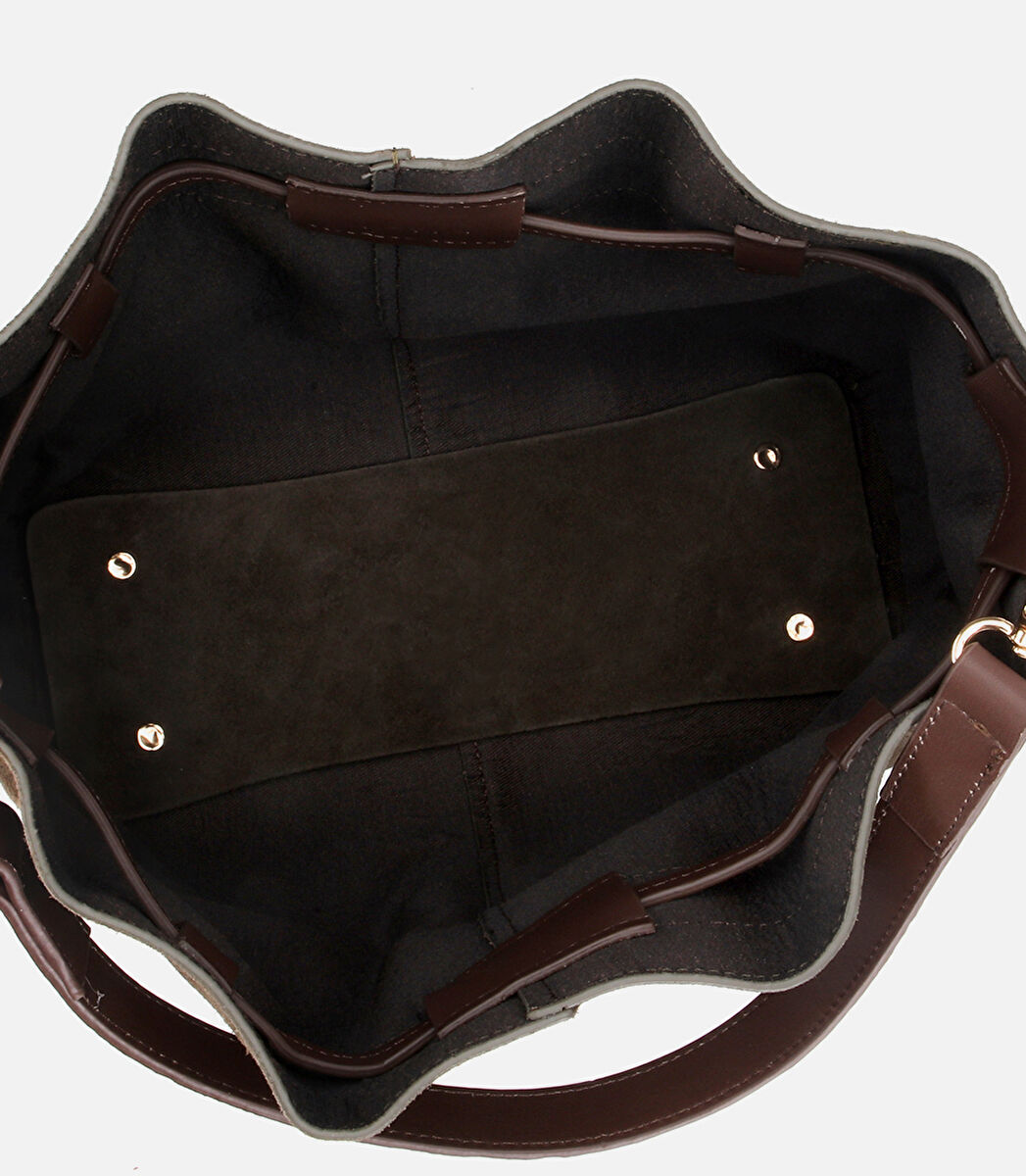 Kadın Süet Deri Haki Bucket Omuz Çantası