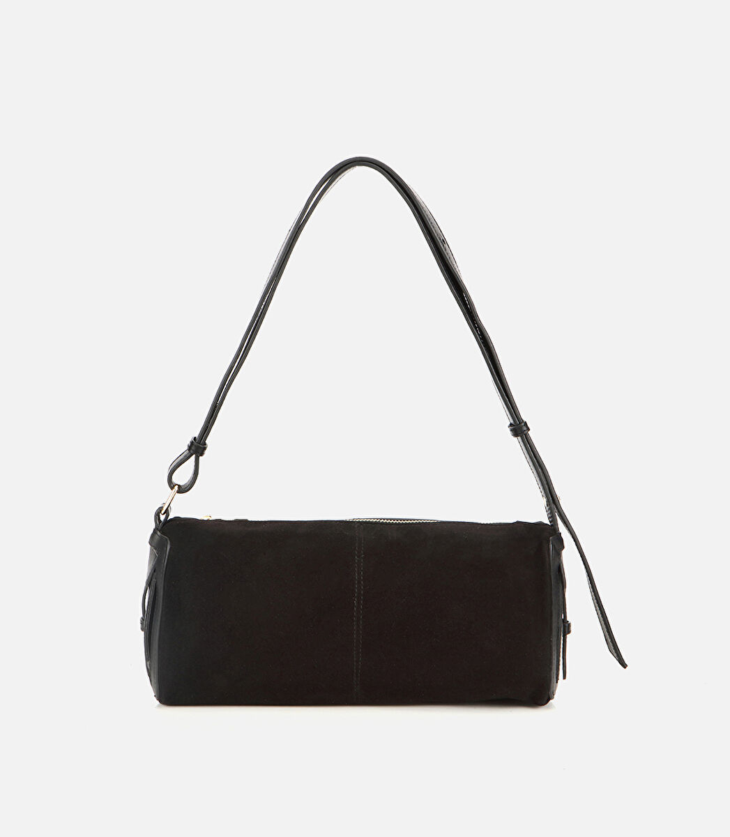 Kadın Süet Deri Siyah Bowling Omuz Çantası