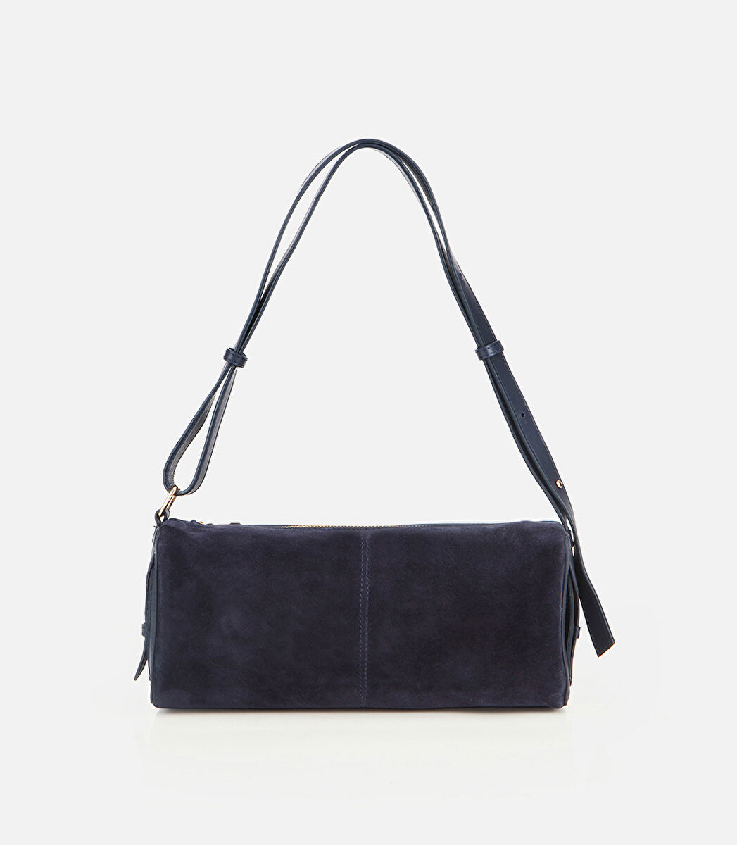 Kadın Süet Deri Lacivert Bowling Omuz Çantası