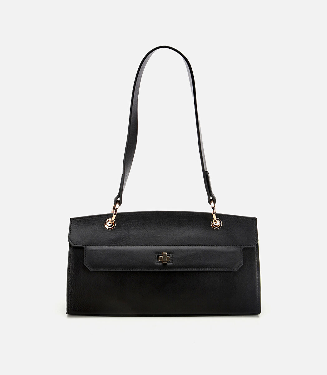 Kadın Deri Siyah Kilit Detaylı Omuz Çantası