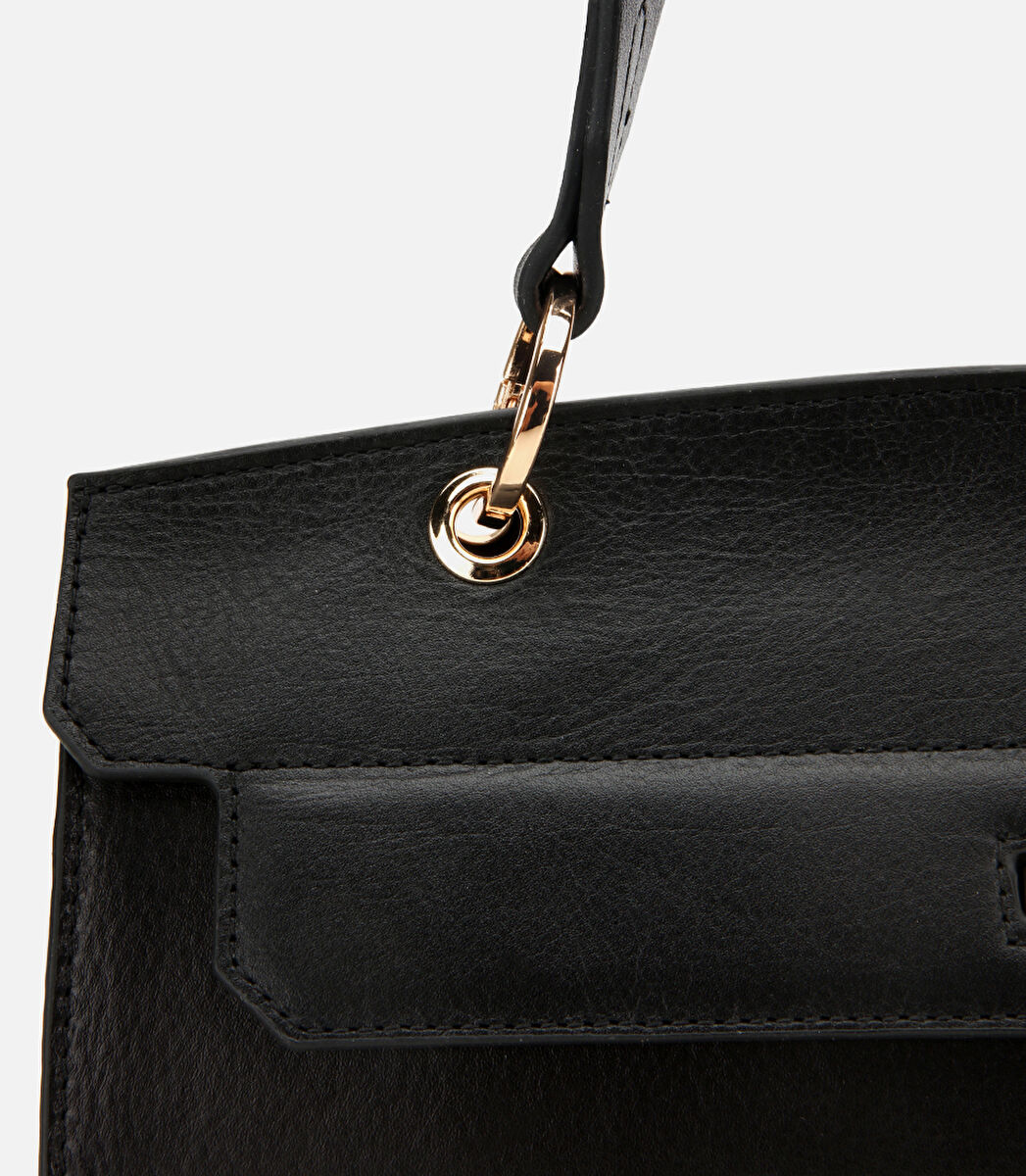 Kadın Deri Siyah Kilit Detaylı Omuz Çantası