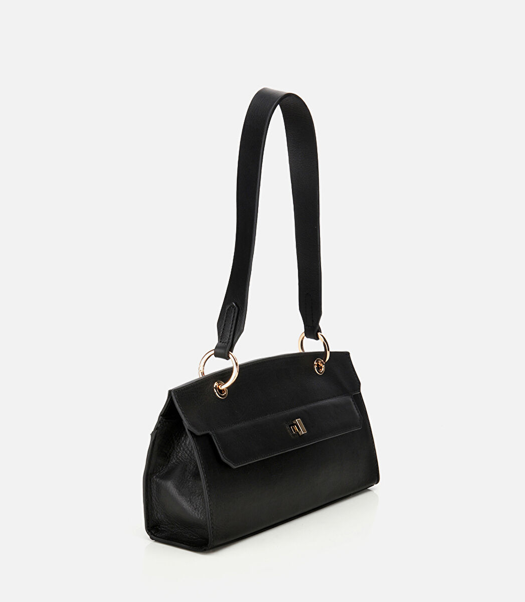 Kadın Deri Siyah Kilit Detaylı Omuz Çantası