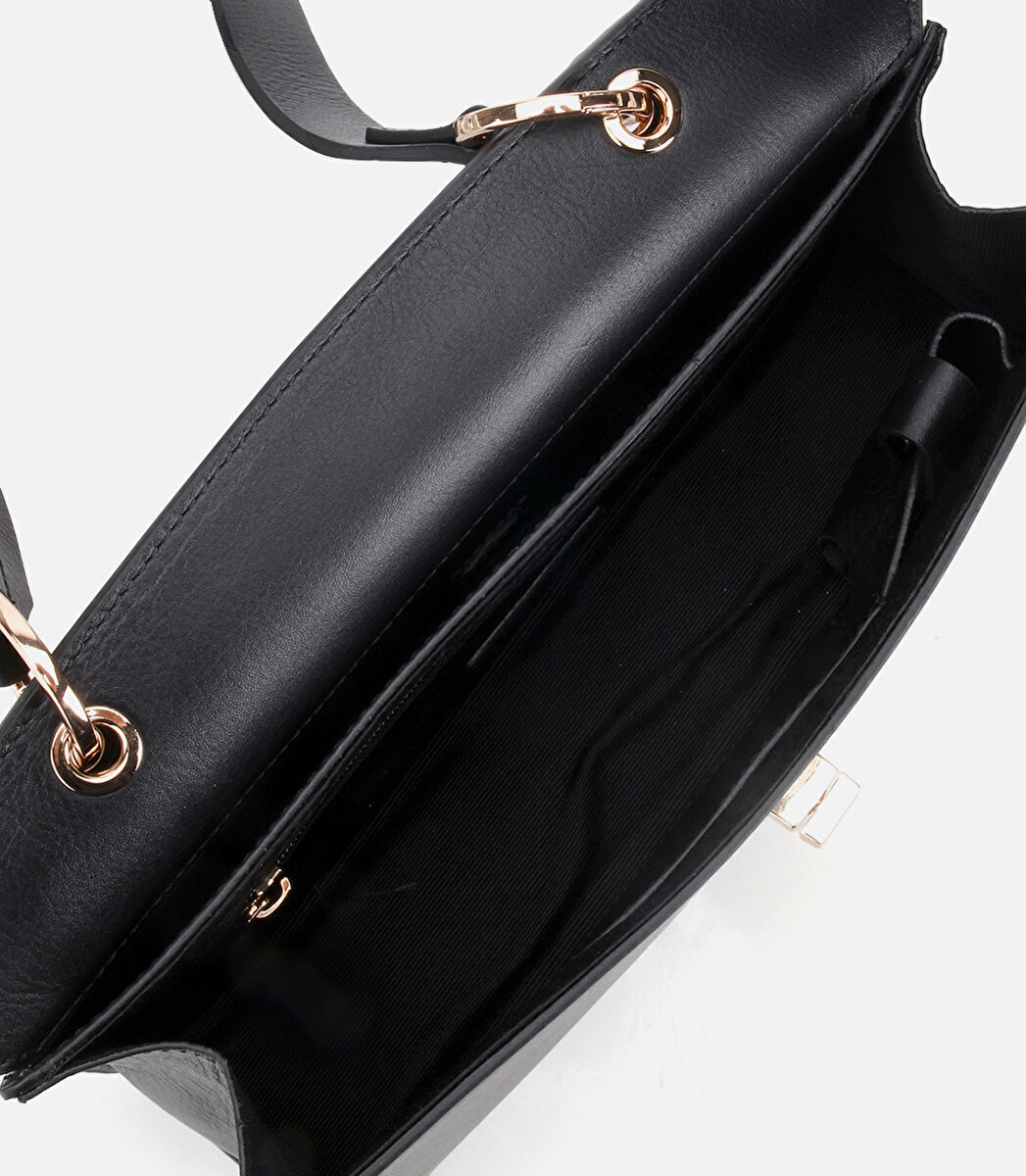 Kadın Deri Siyah Kilit Detaylı Omuz Çantası