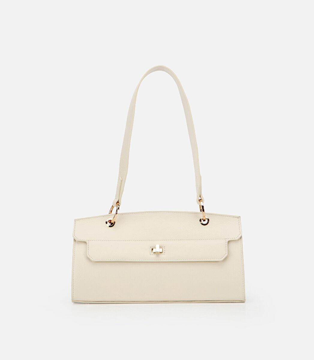 Kadın Deri Ekru Kilit Detaylı Omuz Çantası