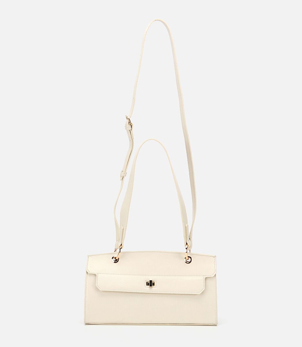 Kadın Deri Ekru Kilit Detaylı Omuz Çantası