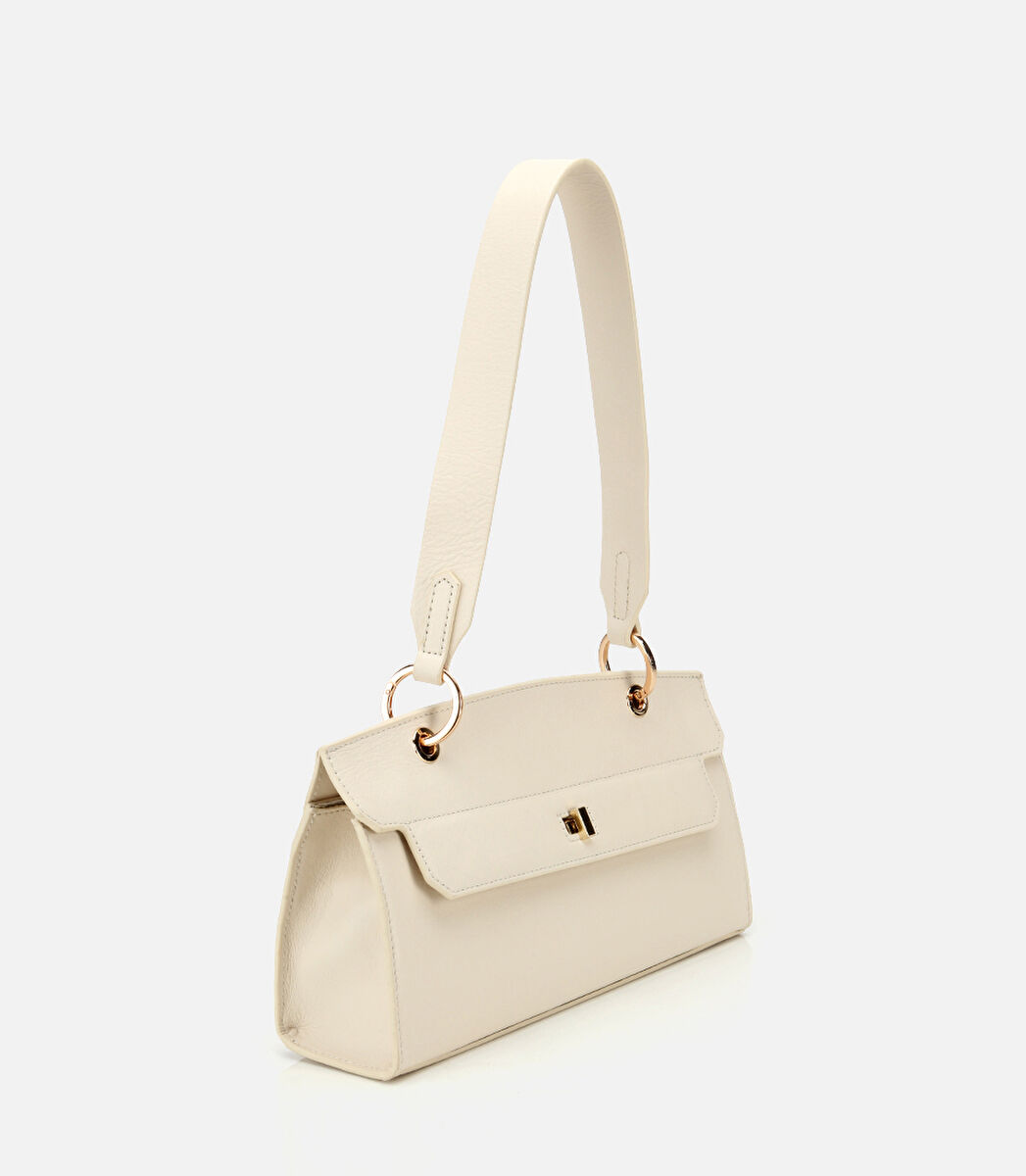 Kadın Deri Ekru Kilit Detaylı Omuz Çantası