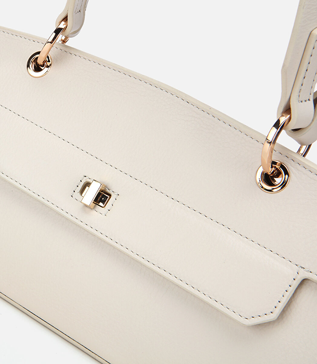 Kadın Deri Ekru Kilit Detaylı Omuz Çantası