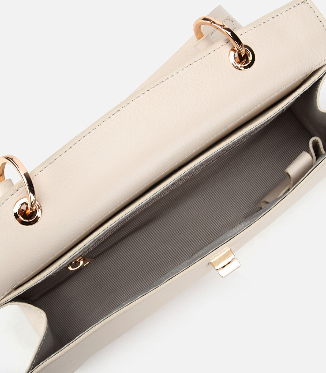 Kadın Deri Ekru Kilit Detaylı Omuz Çantası