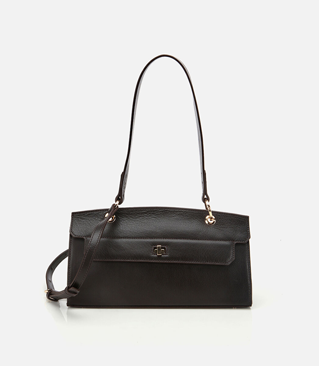 Kadın Deri Kahverengi Kilit Detaylı Omuz Çantası