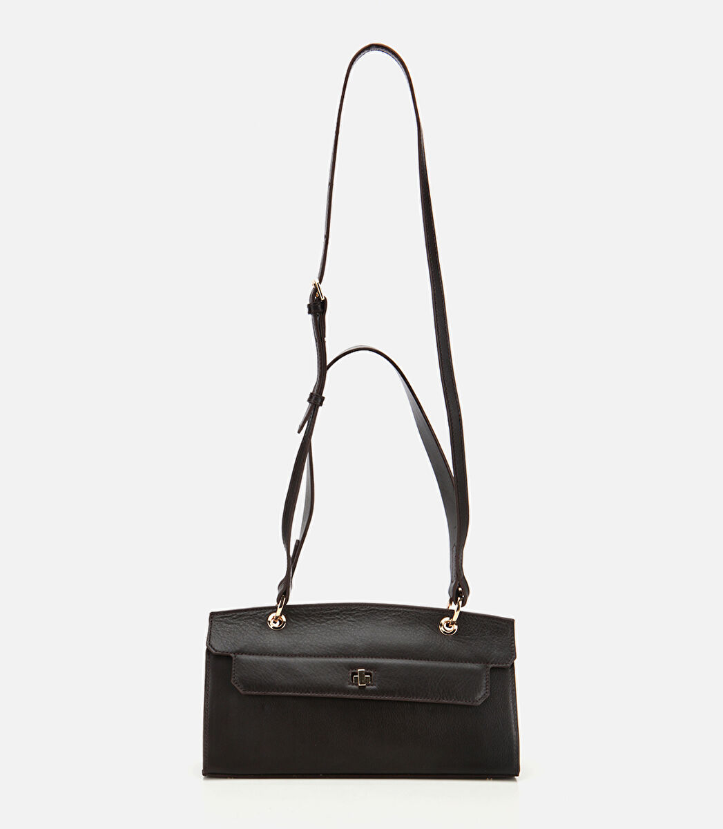 Kadın Deri Kahverengi Kilit Detaylı Omuz Çantası