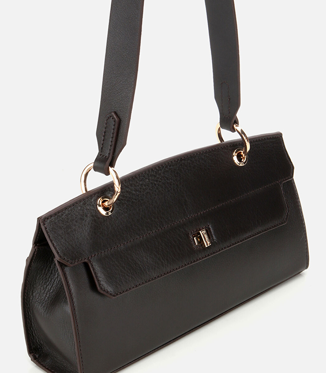 Kadın Deri Kahverengi Kilit Detaylı Omuz Çantası