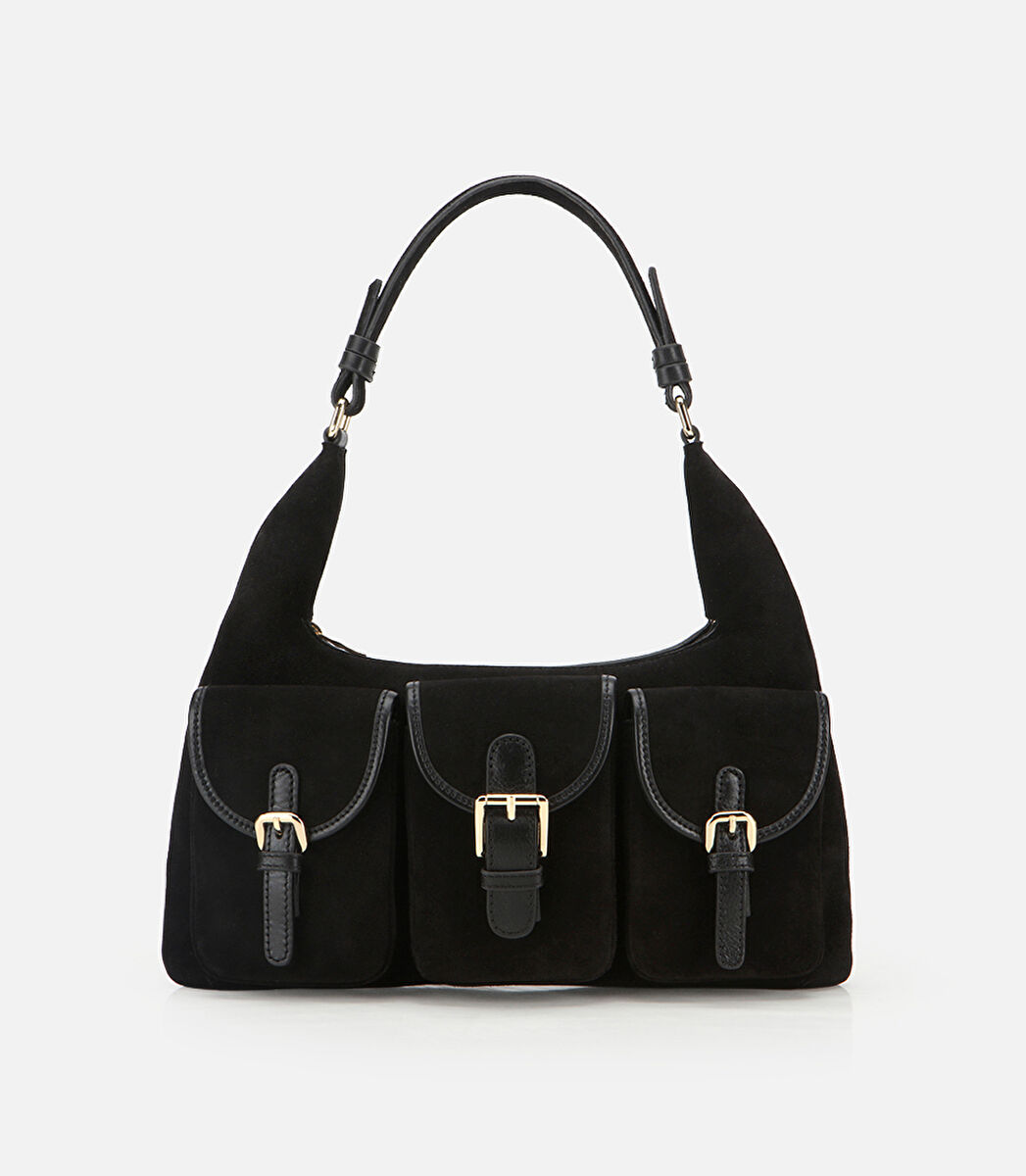 Kadın Süet Deri Siyah Cepli Tokalı Omuz Çantası