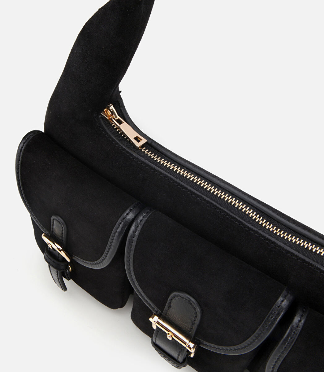 Kadın Süet Deri Siyah Cepli Tokalı Omuz Çantası