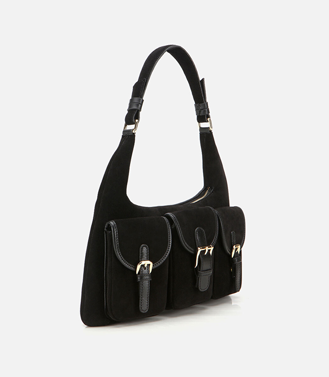 Kadın Süet Deri Siyah Cepli Tokalı Omuz Çantası