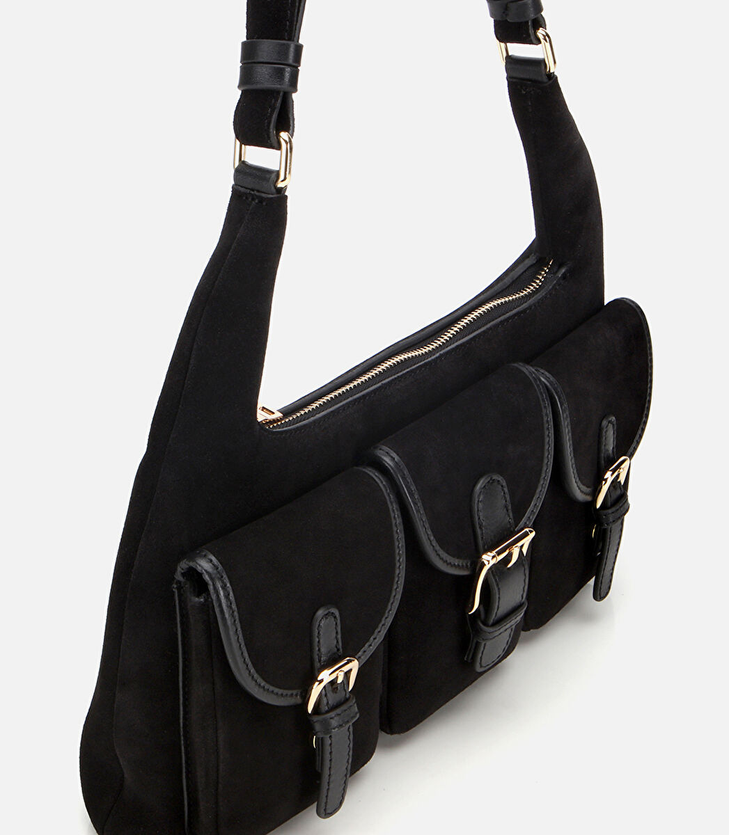 Kadın Süet Deri Siyah Cepli Tokalı Omuz Çantası