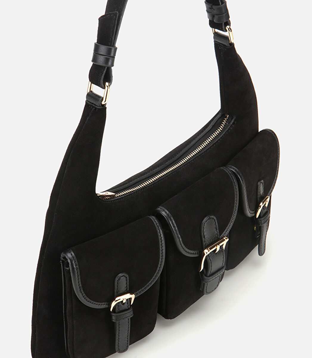 Kadın Süet Deri Siyah Cepli Tokalı Omuz Çantası