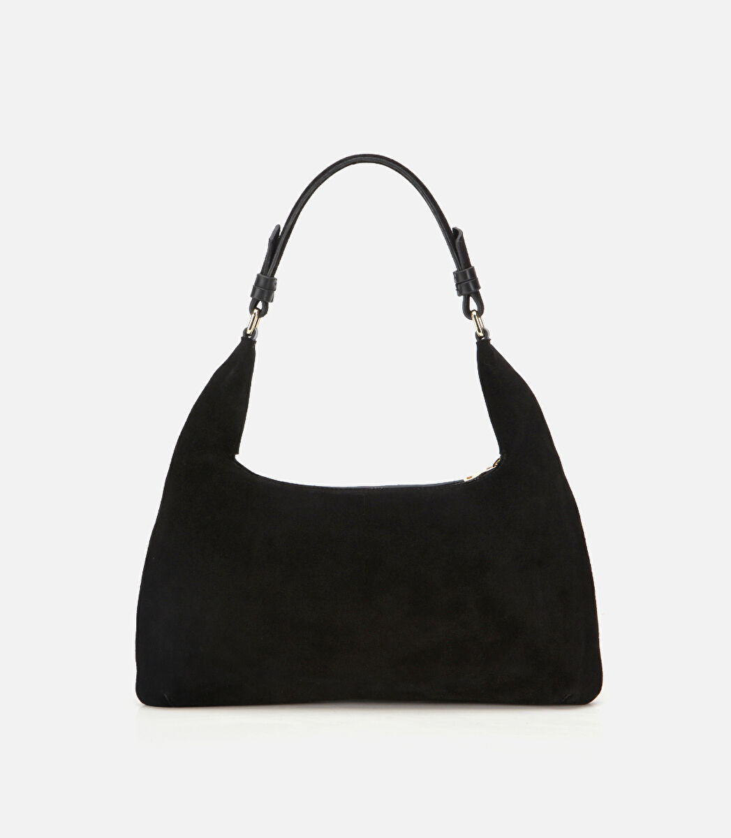 Kadın Süet Deri Siyah Cepli Tokalı Omuz Çantası