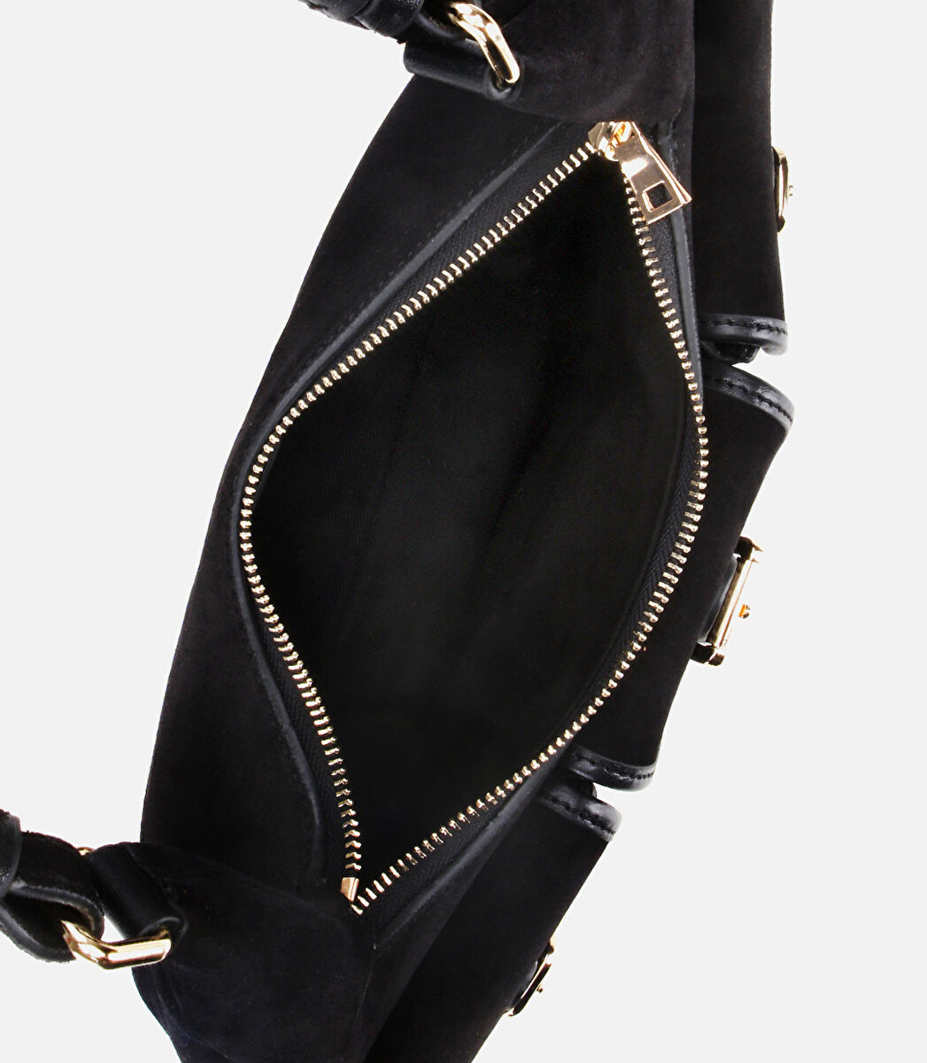 Kadın Süet Deri Siyah Cepli Tokalı Omuz Çantası