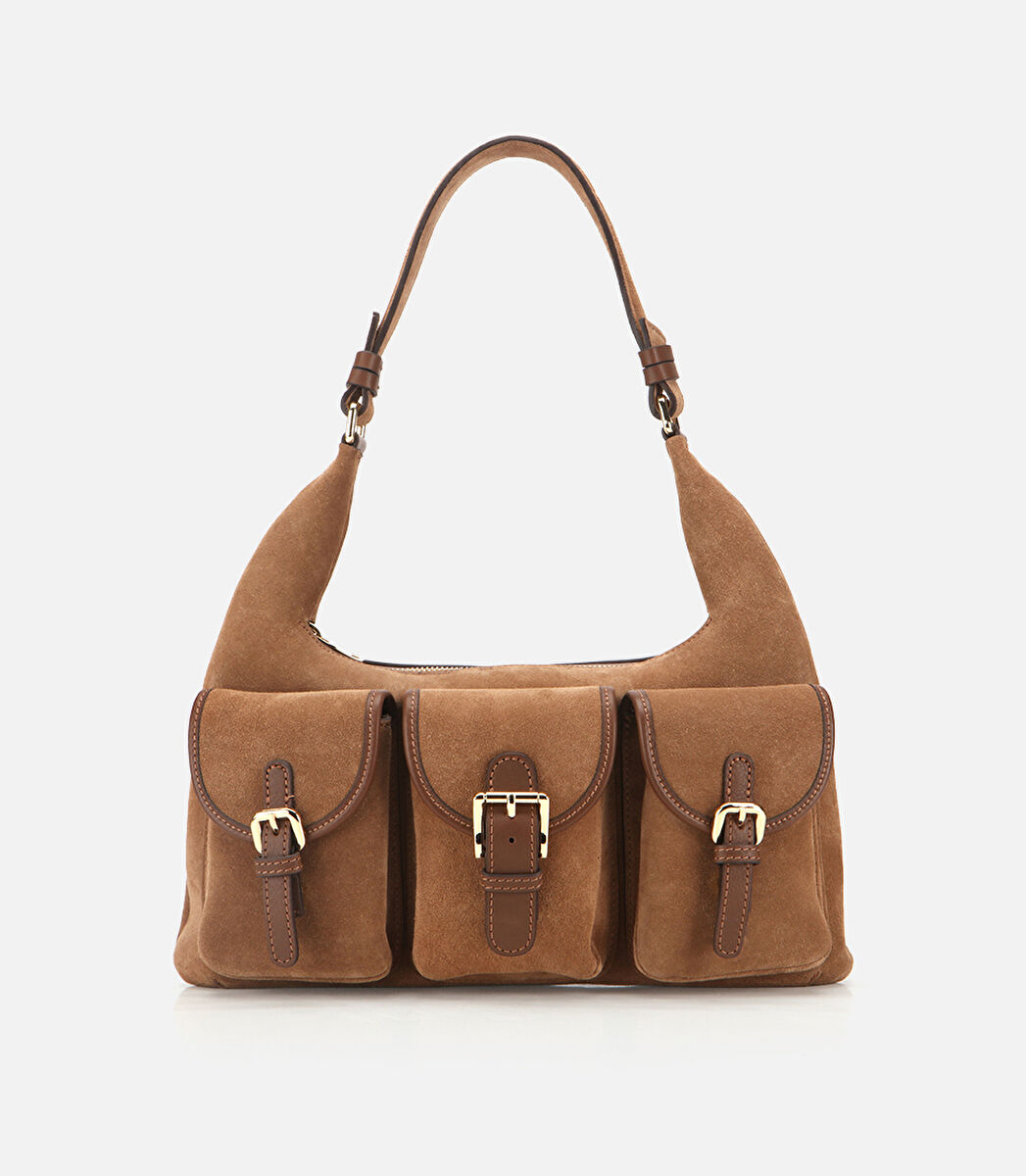 Kadın Süet Deri Taba Cepli Tokalı Omuz Çantası