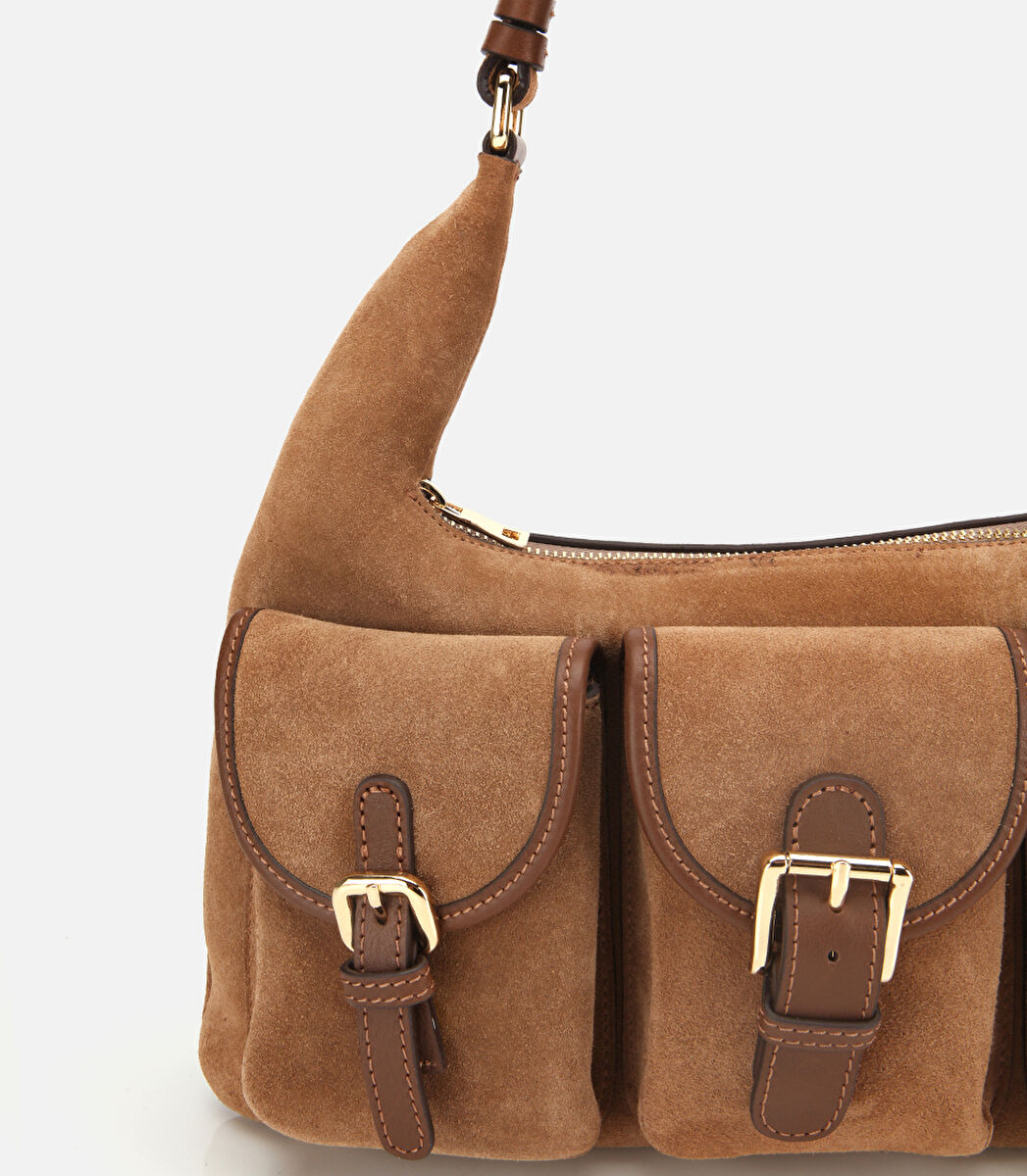 Kadın Süet Deri Taba Cepli Tokalı Omuz Çantası