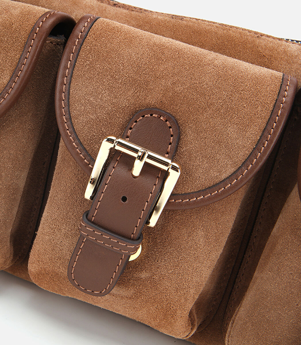 Kadın Süet Deri Taba Cepli Tokalı Omuz Çantası