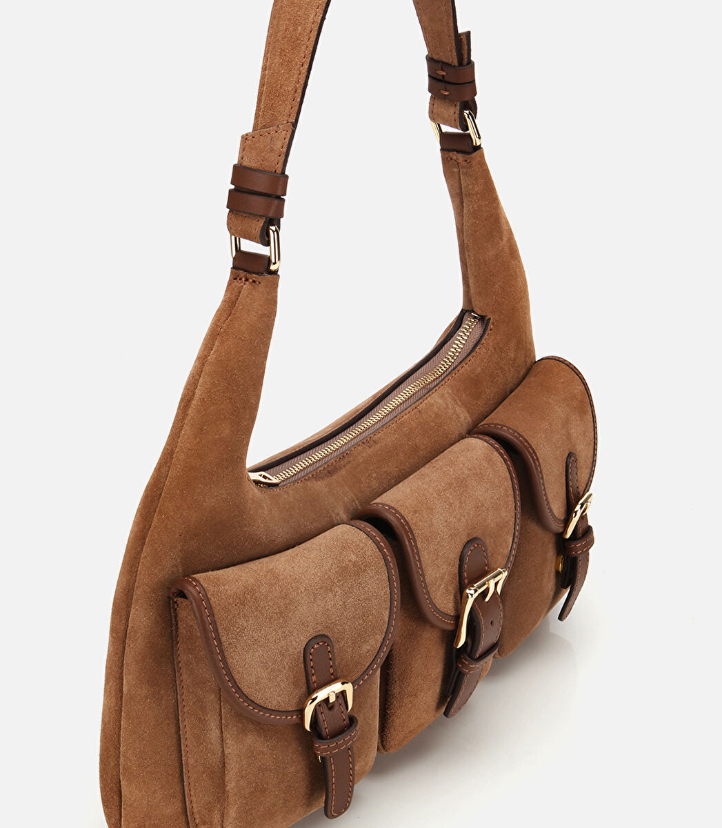 Kadın Süet Deri Taba Cepli Tokalı Omuz Çantası