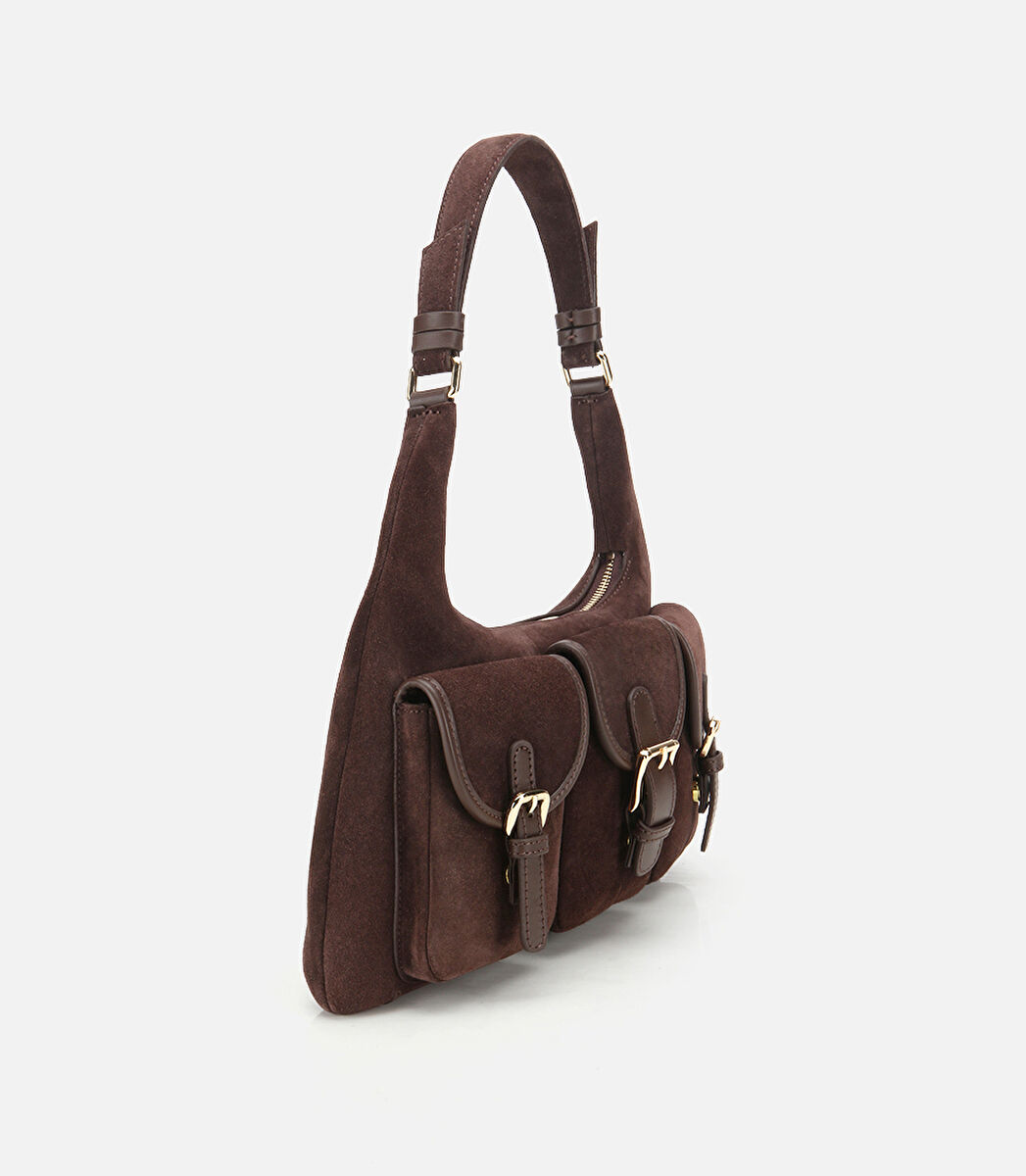 Kadın Süet Deri Kahverengi Cepli Tokalı Omuz Çantası