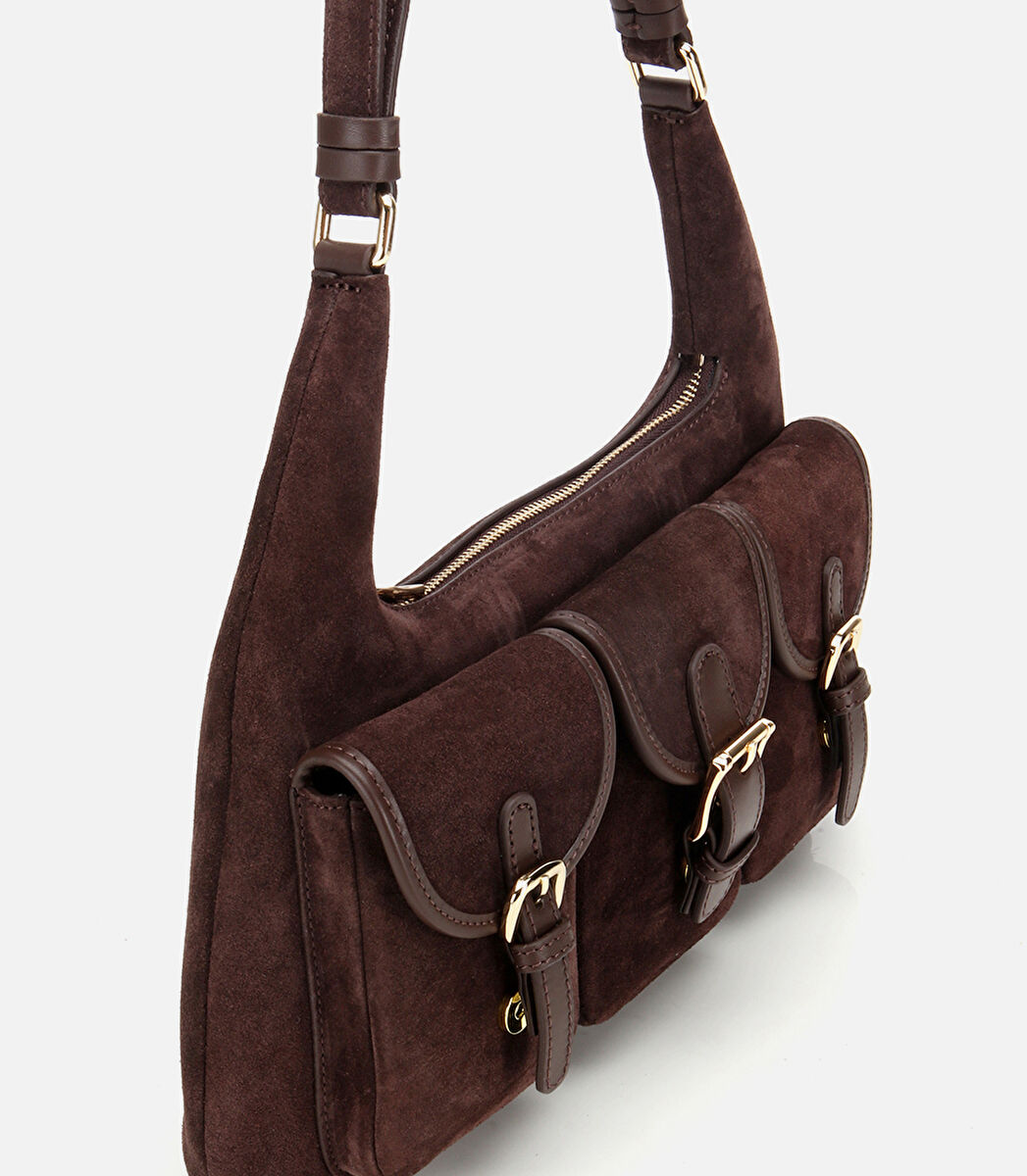 Kadın Süet Deri Kahverengi Cepli Tokalı Omuz Çantası