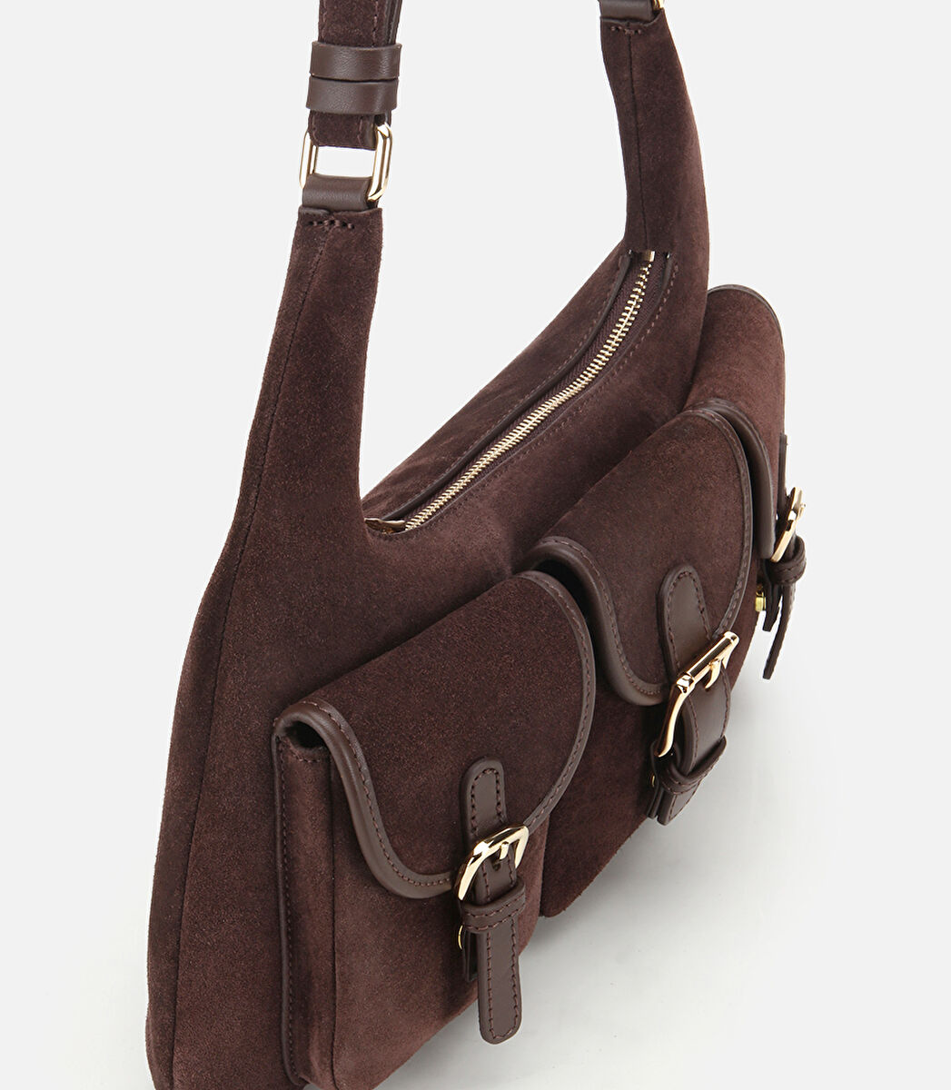 Kadın Süet Deri Kahverengi Cepli Tokalı Omuz Çantası