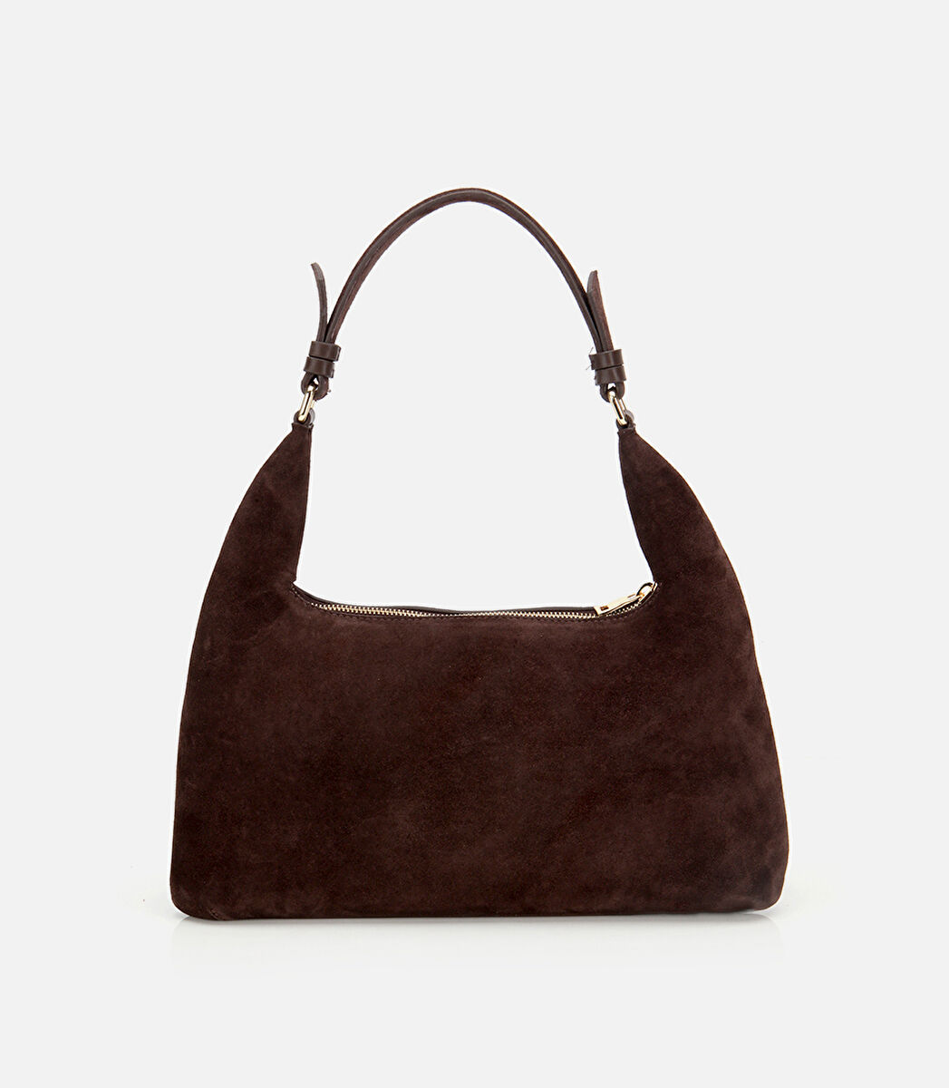 Kadın Süet Deri Kahverengi Cepli Tokalı Omuz Çantası