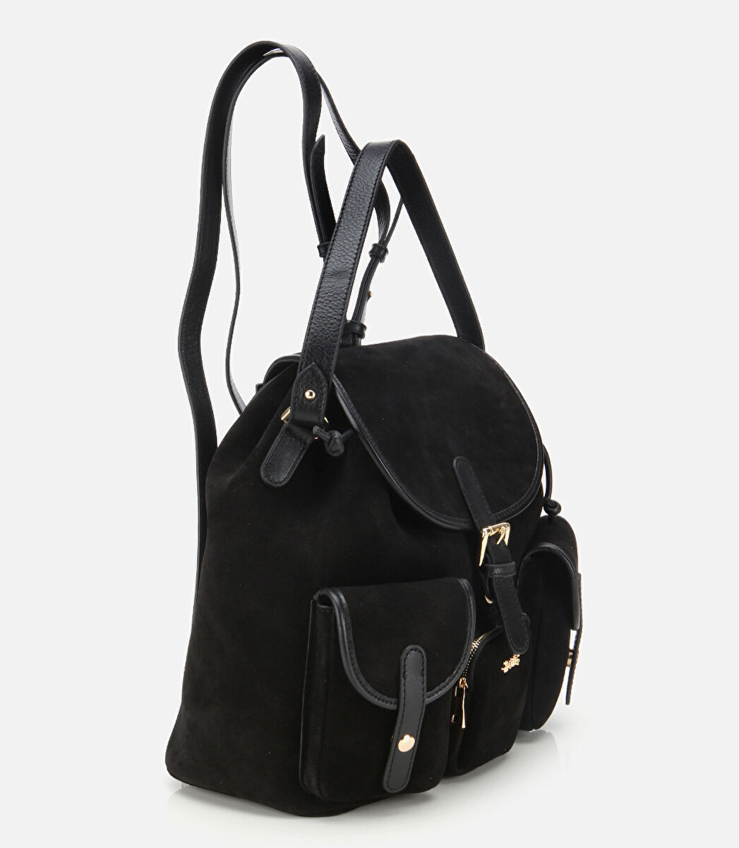 Kadın Süet Deri Siyah Cepli Tokalı Sırt Çantası
