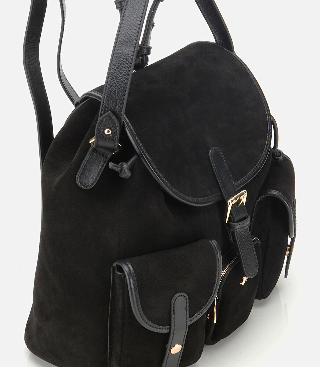 Kadın Süet Deri Siyah Cepli Tokalı Sırt Çantası