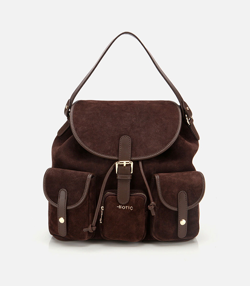 Kadın Süet Deri Kahverengi Cepli Tokalı Sırt Çantası