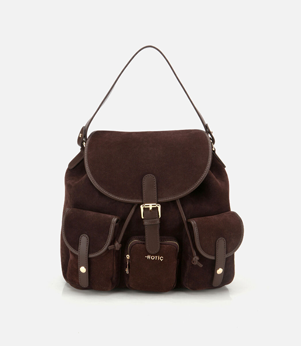 Kadın Süet Deri Kahverengi Cepli Tokalı Sırt Çantası