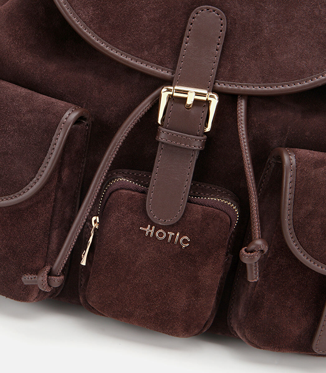 Kadın Süet Deri Kahverengi Cepli Tokalı Sırt Çantası