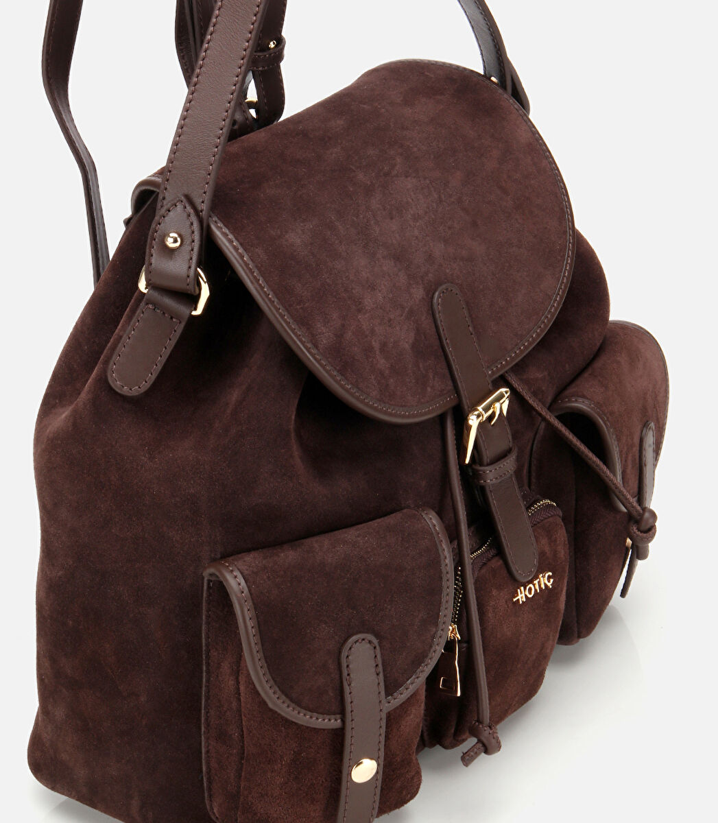 Kadın Süet Deri Kahverengi Cepli Tokalı Sırt Çantası