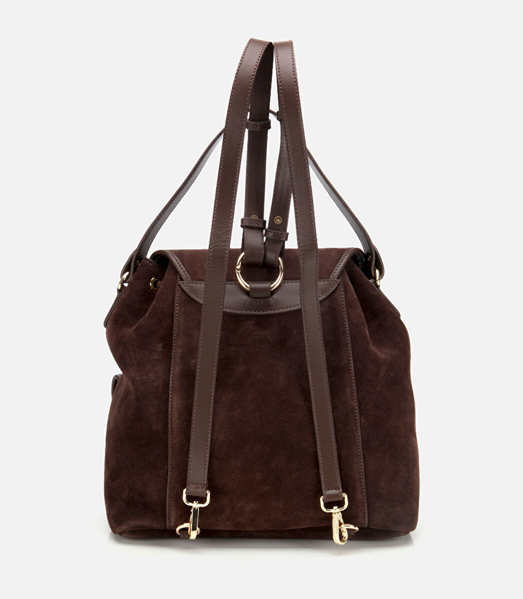 Kadın Süet Deri Kahverengi Cepli Tokalı Sırt Çantası