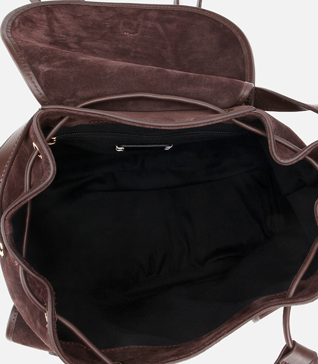 Kadın Süet Deri Kahverengi Cepli Tokalı Sırt Çantası