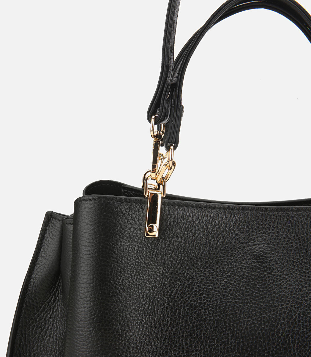 Kadın Deri Siyah Fermuarlı Omuz Çantası