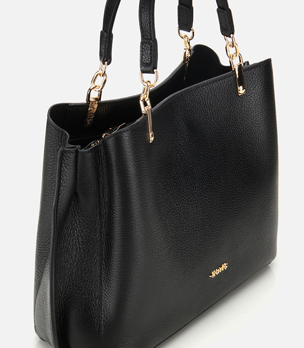 Kadın Deri Siyah Fermuarlı Omuz Çantası