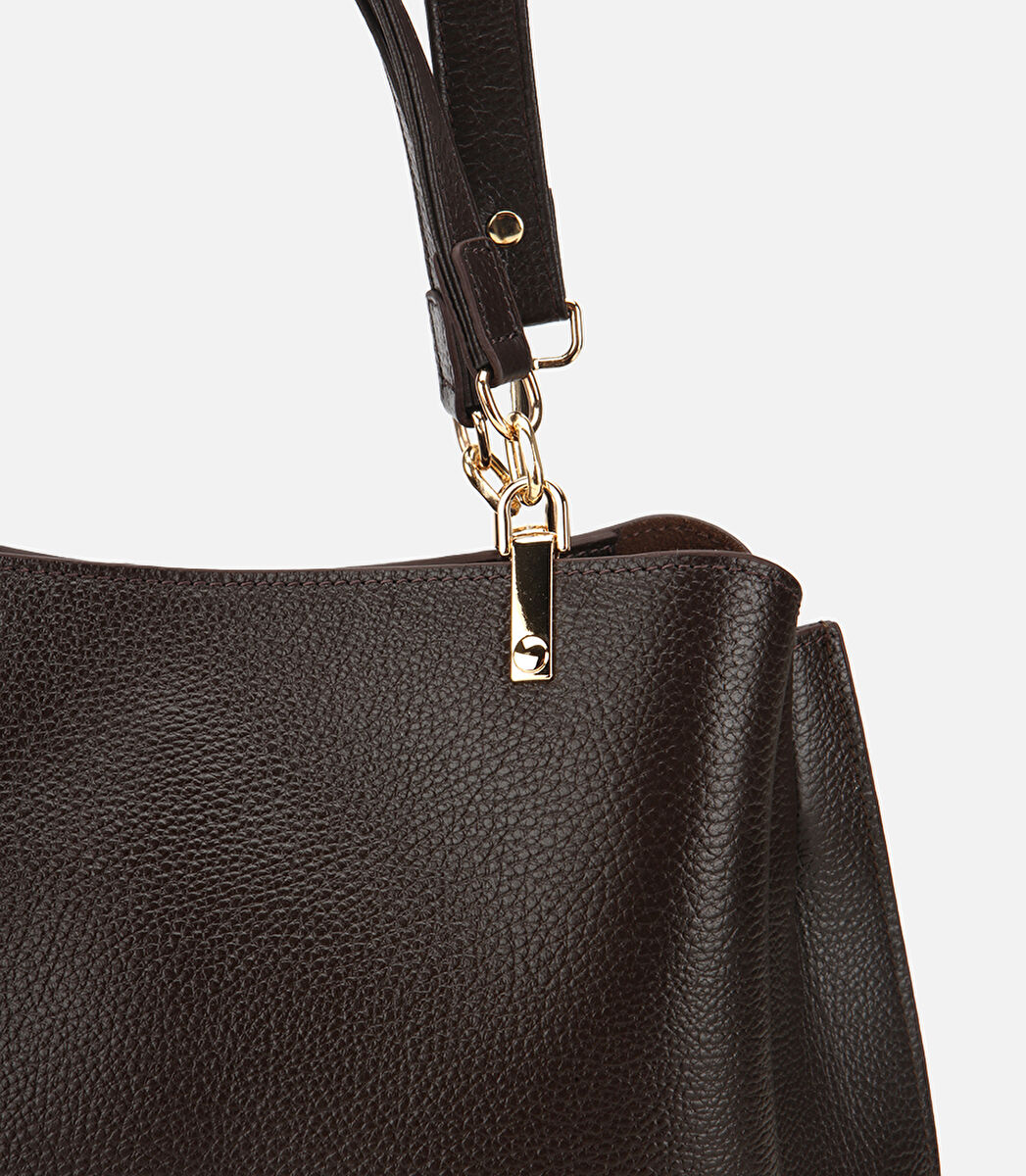 Kadın Deri Kahverengi Fermuarlı Omuz Çantası