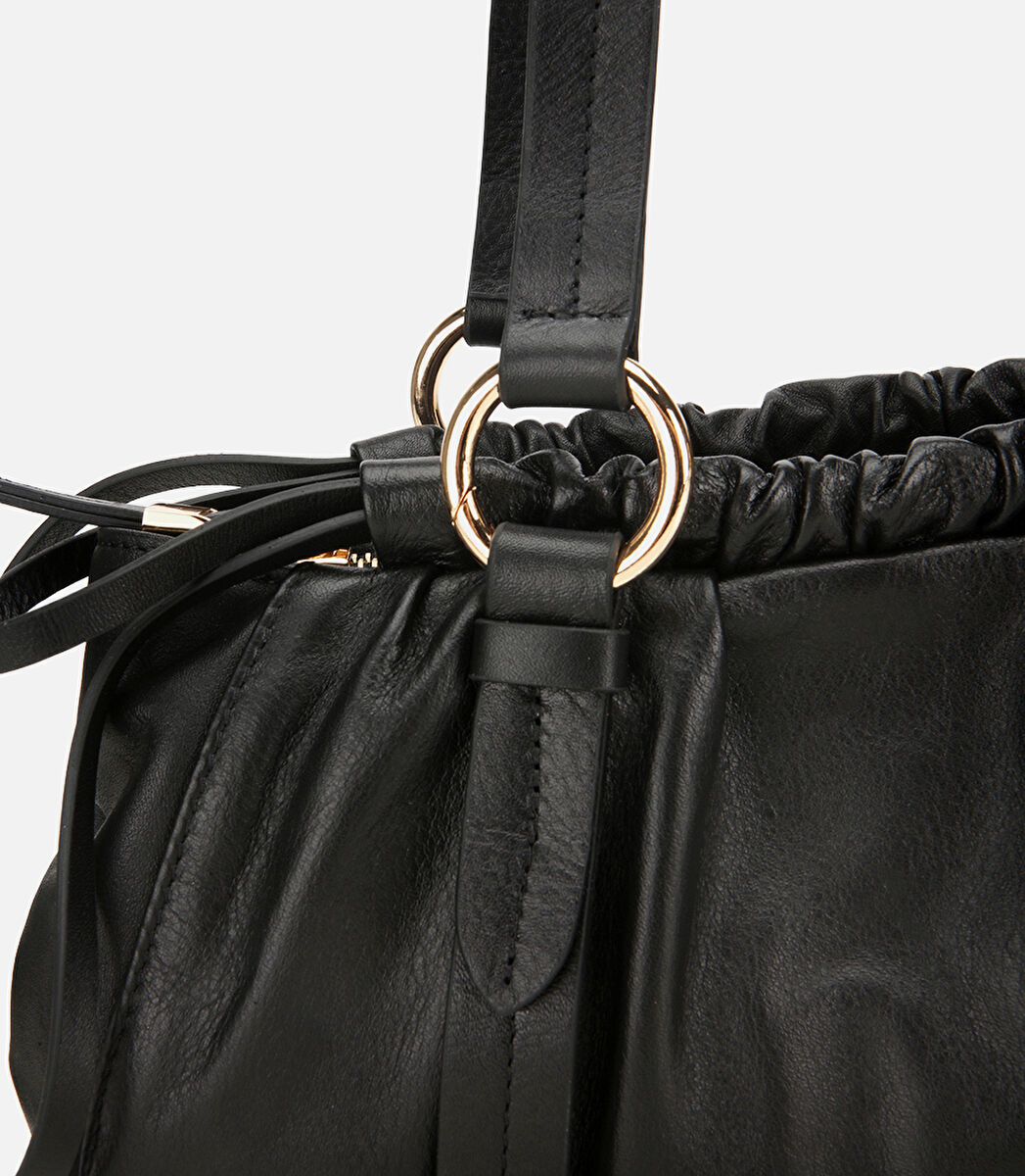 Kadın Deri Siyah Yumuşak Dokulu Bowling Omuz Çantası