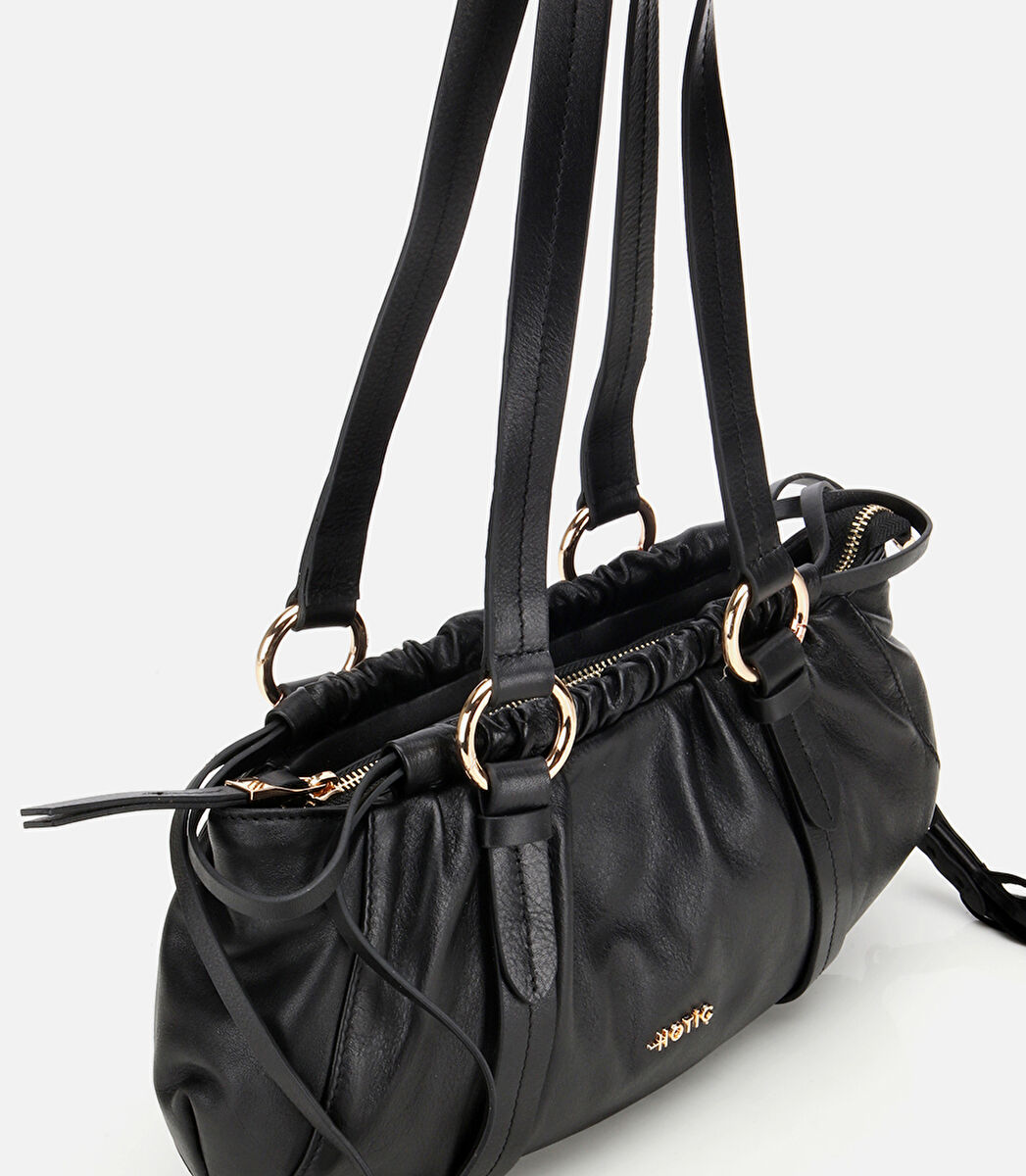 Kadın Deri Siyah Yumuşak Dokulu Bowling Omuz Çantası