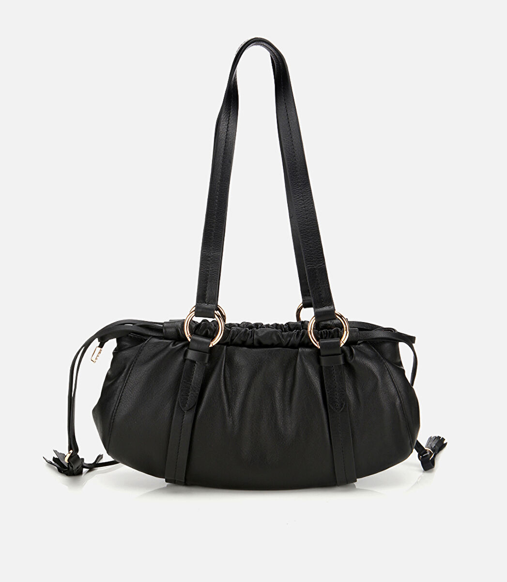 Kadın Deri Siyah Yumuşak Dokulu Bowling Omuz Çantası