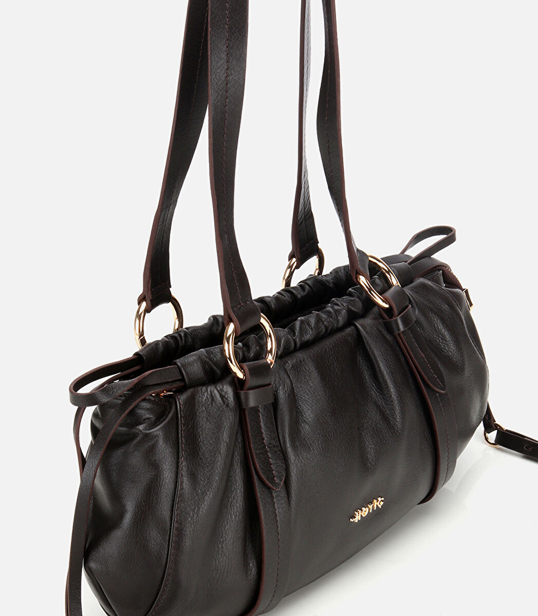 Kadın Deri Kahverengi Yumuşak Dokulu Bowling Omuz Çantası